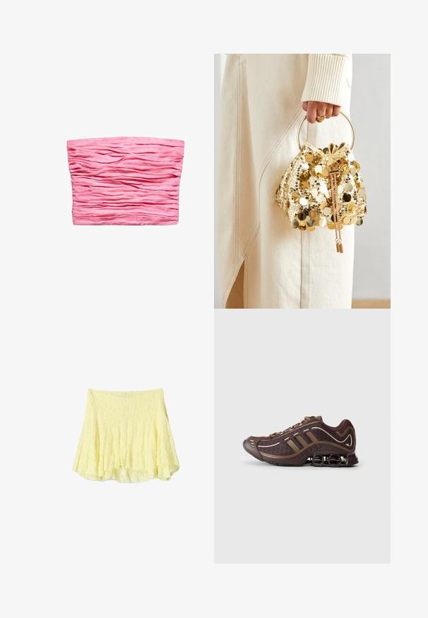 Mango Top - pink; Gele klokrok gemaakt van gestructureerde stof, met een gelaagd ontwerp en een iets onregelmatige zoom. Lichtgewicht en luchtige uitstraling.; Bruin sportschoen met bovenkant van mesh en synthetisch materiaal, voorzien van drie strepen, gedetailleerde stiksels, tochtige zool en kenmerkende veerkrachtige hak.; Gouden pailletten trekkoord handtas met een ronde handgreep, versierd met glanzende ronde pailletten en een gemêleerde stof. Afmetingen zijn niet opgegeven.