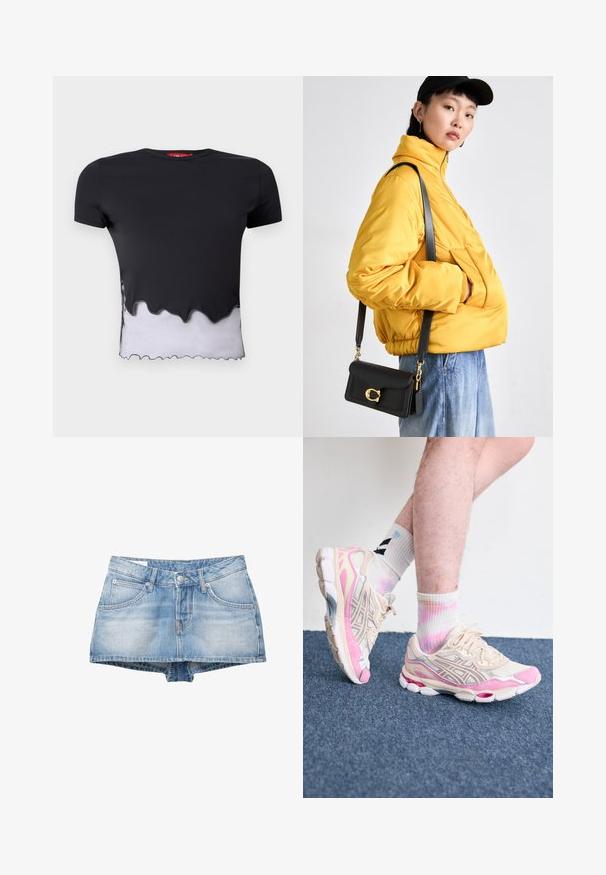 T-shirt nero a maniche corte con orlo bianco frastagliato, caratterizzato da una texture liscia. Il colletto è rotondo e il tessuto appare leggero.; Shorts in denim blu chiaro con un effetto sbiadito. Presentano cinque tasche e una chiusura con bottone frontale. Taglio classico con orlo dritto.; Sneaker sportive beige e rosa con dettagli in argento, sovrapposizioni in rete e una suola spessa. Indossate con calze colorate a tie-dye.; Giacca gialla imbottita con colletto alto e tasca anteriore, abbinata a una borsa a tracolla nera con dettagli in oro. Pantaloni in denim casual.