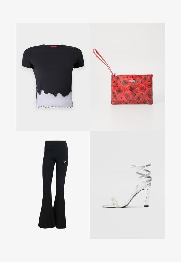 T-shirt preta de mangas curtas com uma bainha branca irregular, apresentando uma textura suave. A gola é redonda e o tecido aparenta ser leve.; Leggings pretas com riscas em flared e uma cintura larga, apresentando um pequeno logo branco da Adidas no canto superior esquerdo. Textura de tecido suave.; Sandalha de salto alto prateada com um design de tira brilhante, apresentando um detalhe semelhante a uma pérola e uma tira de tornozelo espiralada para um ajuste seguro.; Pochete de pulso floral vermelha com padrão de rosas, fecho com zip, ferragens prateadas e uma alça de pulso para um transporte conveniente.