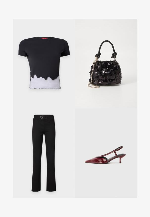 Melnā īsām piedurknēm kreklā ar zobainu balto apmali, kam ir gluda tekstūra. Apkakle ir apaļa, un audums izskatās viegls.; Melni flared bikses ar gludu, elastīgu audumu. Iekļauj plata jostasvieta un spīdīgs melns logo akcents priekšpusē.; Spīdīga bordo krāsas ādas kurpe ar norādītu purngalu, zemu papēdi un T formas siksniņu ar sudraba sprādzi uz balta fona.; Melna spīguļota mini rokas soma ar mezglotu teksturētu siksniņu un sudraba ķēdi. Apaļa forma ar sakopotām malām un atstarojumu detaļām.