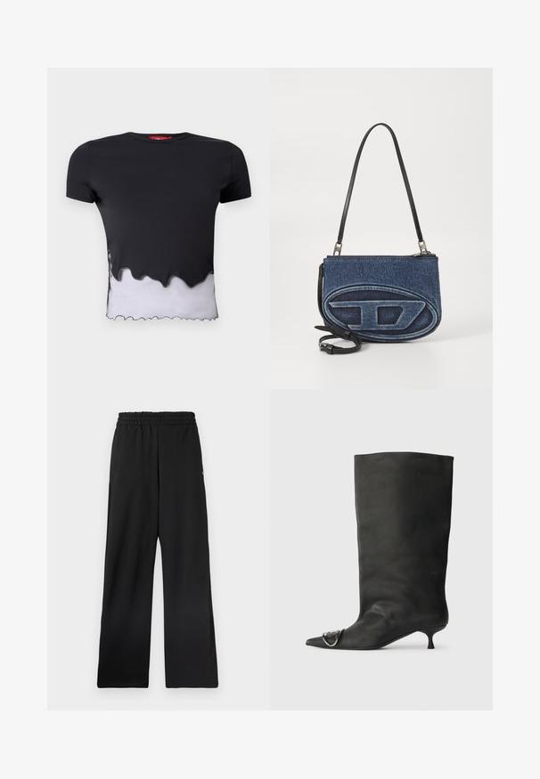 Svart kortärmad t-shirt med en tandad vit nederkant, med en slitstark textur. Urringningen är rund och tyget verkar lätt.; Svarta vida byxor med elastisk midja, tillverkade i ett slätt material. Har varken fickor eller tydliga mönster.; Svart läder ankelstövel med spetsig tå, liten klack och metallisk accentdetalj på tån. Slät, matt yta över hela skon.; Denimbag med korsband och svart läderrem, oval logodesign på framsidan och dragkedjestängning på toppen. Texturerad yta.