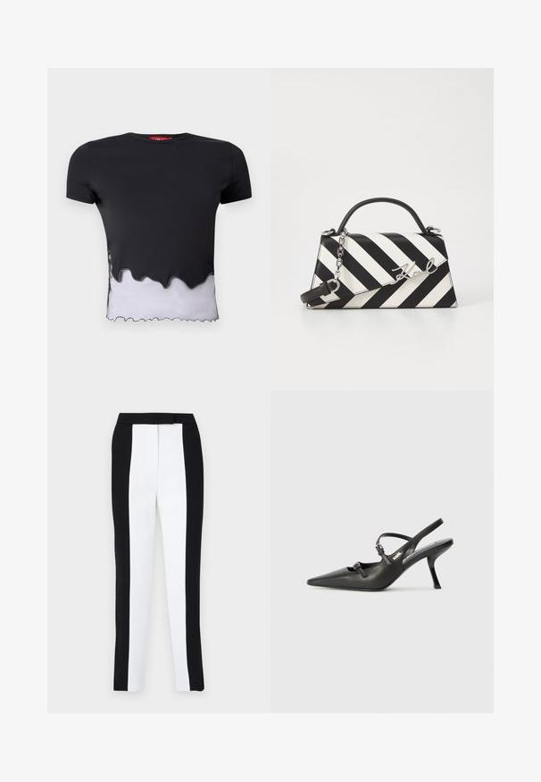 Black short-sleeve t-shirt with a jagged white hem, featuring a smooth texture. The neckline is round and the fabric appears lightweight.; Black and white tapered trousers featuring a slim fit with contrasting panels. Fabric has a smooth texture; waistband is flat and fitted.; Black leather slingback heels with a pointed toe, slender heel, and decorative buckle detail on the vamp. Smooth texture and sleek design.; Black and white striped handbag with a structured shape, featuring a top handle, a detachable chain strap, and metallic logo accent.