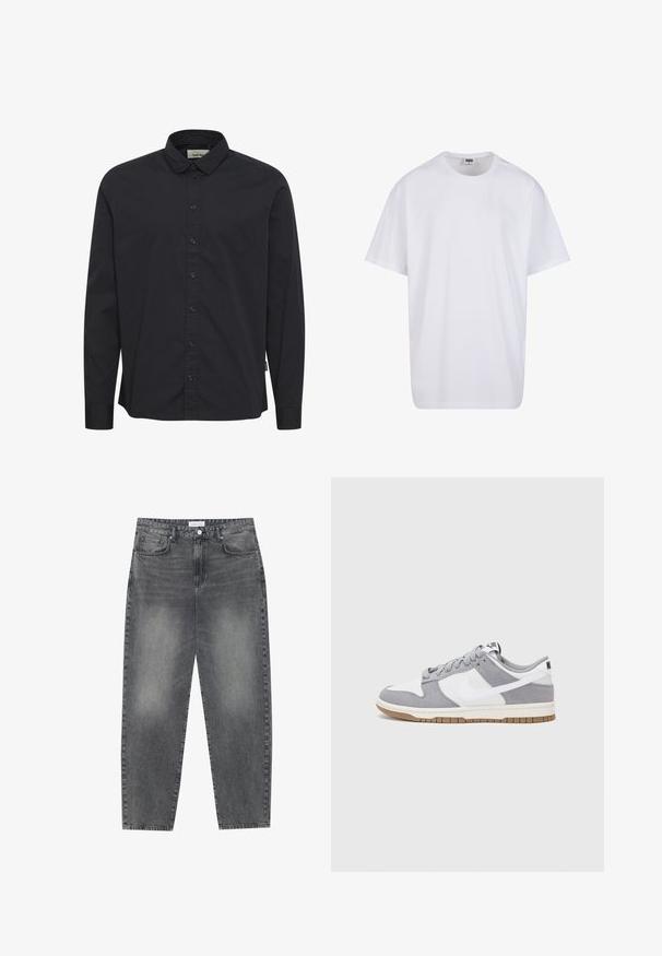 Musta pitkähihainen paita, joka on valmistettu puuvillasta. Siinä on napitettava kaulus, etupaneelissa napitus ja pieni sivulappu. Pinta on sileä.; Valkoinen puuvillainen t-paita, jossa on lyhyet hihat, pyöreä kaula-aukko, rento istuvuus ja ei näkyviä logoja tai kuvioita. Sileä pinta ja minimaalinen muotoilu.; Korkeavyötäröiset, väljät farkut haalistuneesta mustasta denimestä. Ominaisuuksiin kuuluu viisi taskua, vyölenkit ja siisti, suora lahjetyyli.; Harmaa ja valkoinen lenkkari, jossa on mokka- ja nahkapinta, pyöreä kärki, litteät nauhat ja kumipohja, jossa on vaahtomuoviväri.