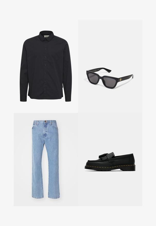 Fekete, hosszú ujjú, pamut ing gombos gallérral, elülső gombos záródással és egy kis oldalsó címkével. Simító textúra.; Világoskék farmernadrág magas derekú, egyenes szárú kialakítással és elülső zsebekkel. Rézszínű hardver és diszkrét koptatás jellemzi.; Fekete bőr lófarok cipő, bojttal, sárga varrással a talp mentén, és vastag, bordás gumitalppal.; Fekete, fényes felületű, téglalap alakú napszemüveg sötét lencsékkel, arany színű fémrészekkel a szárakon, amelyeken a logo található.