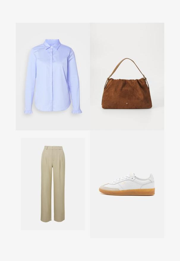 Camicia azzurro chiaro con bottoni realizzata in tessuto morbido, caratterizzata da un colletto classico e dettagli a rouches sui polsini delle maniche.; Pantaloni beige a gamba larga realizzati in tessuto morbido, con pieghe frontali, vita su misura e tasche laterali. Orlo pulito.; Sneaker in pelle bianca con accenti in suede beige, suola in gomma naturale e design con lacci. Presenta un marchio sottile in oro.; Borsa in suede marrone con un design arricciato, dotata di una singola tracolla in pelle beige e di un sottile logo dorato dettagliato sulla parte anteriore.