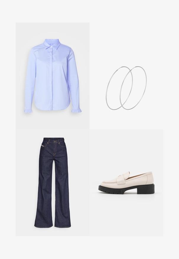 Lichtblauw button-up overhemd van gladde stof, met een klassieke kraag en ruches aan de mouwmanchetten.; Donkerblauwe wijde jeans van denimstof met een hoge taille, voorzien van oranje stiksels, een vijf-pocket ontwerp en een knoopsluiting.; Lichtbeige leren loafers met een gestikte voorkant en een textuur met een zwarte plateauhak. Beschikt over een gebogen ontwerp en een lichte verhoging.; Zilveren hoepel oorbellen met een minimalistisch ontwerp. Cirkelvormig, gladde textuur en dun profiel. Lichtgewicht met een gepolijste afwerking.