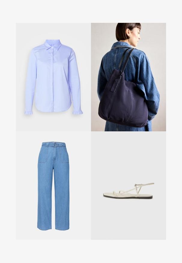 Šviesiai mėlyna mygtukinė marškiniai, pagaminti iš lygaus audinio, su klasikiniais apykaklės ir raukšlėmis ant rankogalių.; Šviesiai mėlynos džinsinio audinio plačios kojinės kelnės su diržu, dviem priekinėmis kišenėmis ir lygiu paviršiumi. Pasižymi minimalistiniu dizainu ir švariomis linijomis.; Bežiniai plokšti sandalai su keliais lieknais dirželiais ir reguliuojamu užsegimu. Padas plokščias, su lengvu tamsiu kontrastu krašte.; Tamsiai mėlynas drobės petinis krepšys su minkšta, struktūruota forma, pasižymintis juodu diržu, siuvinėtomis detalėmis ir mažyčiu prekės ženklo žymekliu.