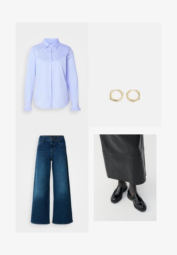 Light blue button-up shirt made of smooth fabric, featuring a classic collar and ruffle details on the sleeve cuffs.; Wide-leg jeans made of dark blue denim. Features a high waist, button closure, and classic five-pocket design with subtle fading.; Black leather loafers with a smooth finish, featuring a decorative strap, round toe, and textured sole. Worn with a long black leather skirt.; Gold hoop earrings with a textured, irregular shape. Features a seamless closure and a polished surface finish, emphasizing a modern design.