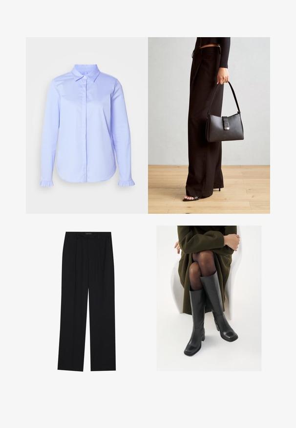 Světle modrá košile na knoflíky z hladké tkaniny s klasickým límečkem a volánkovými detaily na manžetách rukávů.; Černé kalhoty se střihem rovného nohavice, které mají dvě přední kapsy a pas. Vyrobené z hladkého, lehkého materiálu.; Černé kožené boty po kolena s hranatou špičkou a blokovým podpatkem, předvedené na modelce sedící v olivově zeleném kabátu. Hladký povrch, minimalizované detaily.; Černá kabelka se strukturovaným tvarem, hladkým povrchem a kovovým uzávěrem. Kombinována s širokými černými kalhotami a sandály s otevřenou špičkou na dřevěné podlaze.