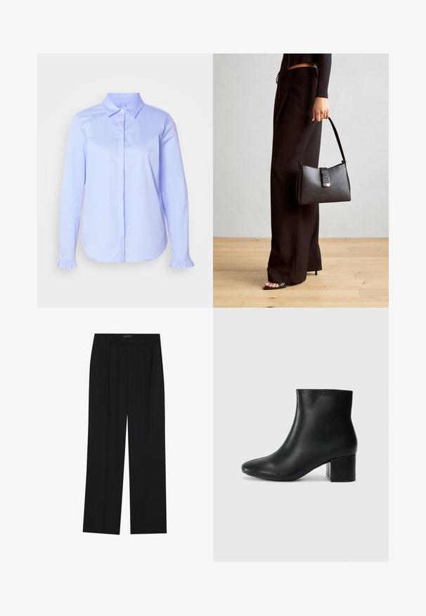 Camisa de botón azul claro hecha de una tela suave, con un collar clásico y detalles de volantes en los puños de las mangas.; Pantalones negros con un diseño de pierna recta, que cuentan con dos bolsillos frontales y una cinturilla. Fabricados con una tela suave y ligera.; Botas de cuero negras hasta el tobillo con una punta afilada y un tacón grueso. Textura lisa con acentos mínimos y un diseño elegante y ajustado.; Bolso negro con forma estructurada, textura suave y un cierre metálico. Combinado con pantalones anchos negros y sandalias de dedo en un suelo de madera.