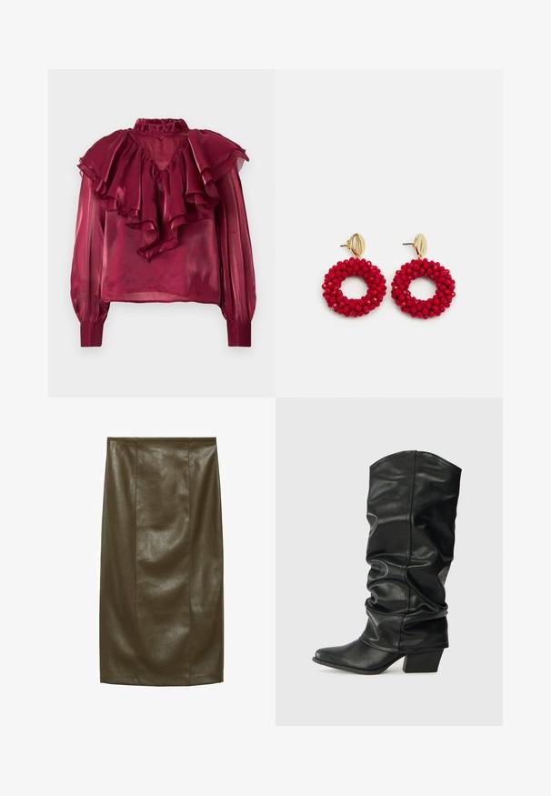 Burgundowa przejrzysta bluzka z wysokim, falbaniastym kołnierzem, długimi rękawami i warstwami falbanek na piersi i ramionach. Gładka tekstura.; Oliwkowa spódnica ołówkowa z sztucznej skóry o gładkiej teksturze, do kolan, z pionowymi szwami, nadająca elegancki wygląd.; Czarne skórzane wysokie botki z luźnym krojem, szpiczastym noskiem i grubym obcasem, charakteryzujące się gładką fakturą i minimalnym przeszyciem.; Czerwone kolczyki w kształcie kół z koralików o fakturowanej powierzchni i złotym zapięciu. Okrągły kształt z otwartym wnętrzem i zaokrąglonymi detalami z koralików.