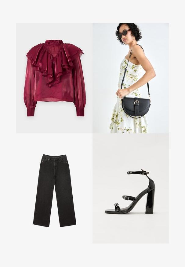 Burgunderfärgad genomskinlig blus med hög volangkrage, långa ärmar och lager av volanger över bröstet och axlarna. Slät textur.; Svart vida jeans i denim, med små prickiga mönster, klassisk femfickorsdesign och stängning med knäppning och dragkedja.; Svarta lackerade klacksandaler med fyrkantig tå, ankelremmar och silverfärgade spännen. Har en kraftig blockklack för stabilitet.; Svart läderhandväska med en böjd form, avtagbar rem och guldiga detaljer. Väskan har ett lock med en spänndetalj.