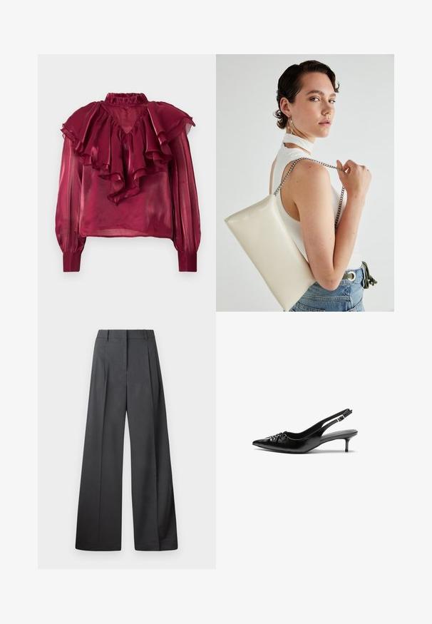 Blusa trasparente bordeaux con colletto alto arricciato, maniche lunghe e strati di rouches sul petto e sulle spalle. Texture liscia.; Pantaloni a gamba larga in tessuto grigio scuro, con vita alta, pieghe singole e una texture liscia con una finitura pulita sui orli.; Tacchi slingback in pelle nera con punta affusolata, piccolo tacco kitten e un dettaglio a nodo decorativo sulla parte anteriore. Texture liscia su tutta la superficie.; Borsa a pochette rettangolare bianca realizzata in materiale lucido, con una tracolla in catena argentata. Il modello posa, mostrando la borsa su uno sfondo semplice.