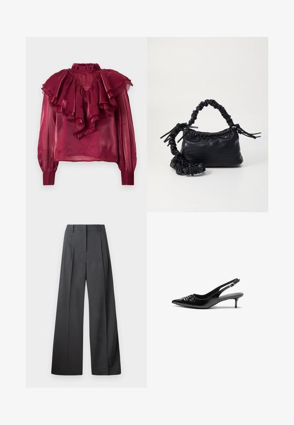 Blusa trasparente bordeaux con colletto alto arricciato, maniche lunghe e strati di rouches sul petto e sulle spalle. Texture liscia.; Pantaloni a gamba larga in tessuto grigio scuro, con vita alta, pieghe singole e una texture liscia con una finitura pulita sui orli.; Tacchi slingback in pelle nera con punta affusolata, piccolo tacco kitten e un dettaglio a nodo decorativo sulla parte anteriore. Texture liscia su tutta la superficie.; Borsa a tracolla in ecopelle nera con texture a coccodrillo, apertura cinchata e tracolla arricciata. Si presenta con un design morbido e compatto.