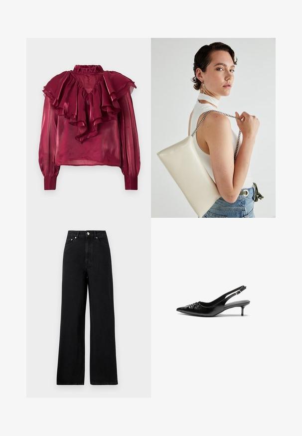 Bordeaux semi-transparante blouse met een hoge rimpelkragen, lange mouwen en gelaagde rimpels op de borst en schouders. Soepele textuur.; Hoge taille zwarte denim jeans met een wijd uitlopende pasvorm, voorzien van vijf zakken en accenten in zilverkleurig metaal. Over het geheel een soepele textuur.; Zwarte leren slingback hakken met een spitse neus, kleine kittenhak en een decoratieve knoopdetail aan de voorkant. Smooth textuur overal.; Witte rechthoekige clutch tas gemaakt van glanzend materiaal, met een zilveren kettingband. Model poseert en toont de tas tegen een effen achtergrond.