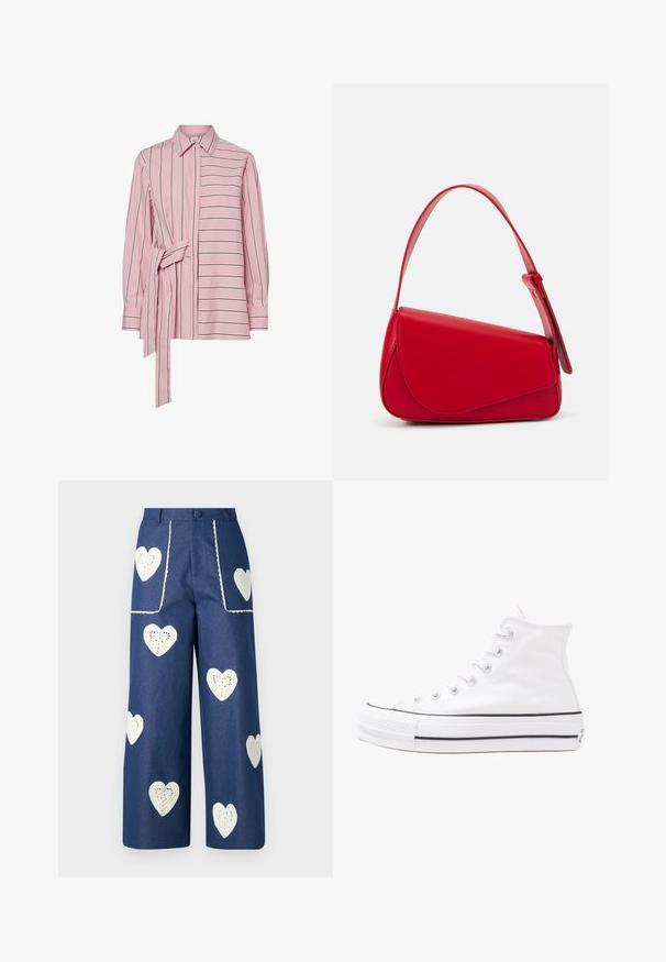 Pink striped shirt with a button-up design, featuring a tied waist accent and contrasting horizontal and vertical stripe patterns. Cotton material.; Sister Jane HEART TO HEART - Straight leg jeans - blue denim; White high-top canvas sneaker with black rubber sole, front rubber toe cap, and six eyelets for laces, featuring a clean, minimalist design.; Red leather handbag with an angular, geometric design. Features a single adjustable strap and a flap closure with stitched detailing.