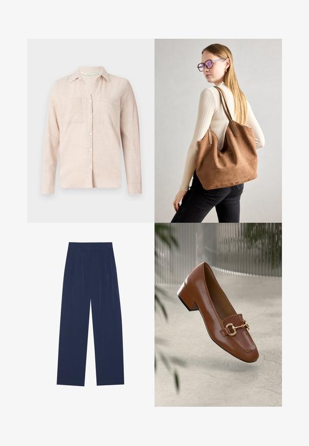 Ljust beige skjorta med knappar och avslappnad passform. Har två framfickor, ett subtilt rutmönster och en klassisk krage.; Mörkblå vida byxor i mjukt tyg, med framdragningar, en slät textur och rak passform utan synliga fickor.; Brun lackläder loafer med fyrkantig tå, metallkedja som accent och låg blockklack; slät textur, minimalistisk design.; Brun mocka toteväska med mjuk textur, stor öppning och långa axelremmar. Har en enkel design med synliga sömmar och ingen hårdvara.