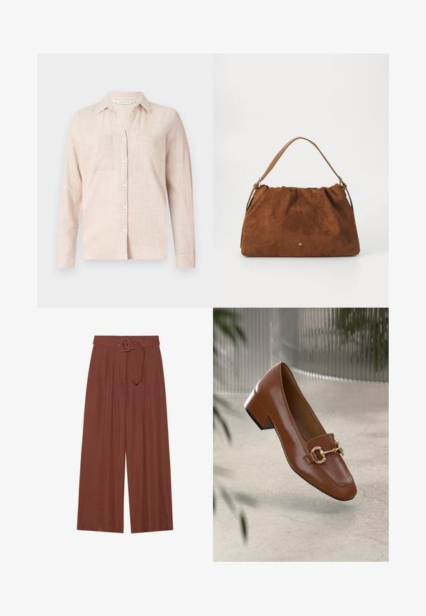 Šviesiai smėlio spalvos marškiniai su laisvu siluetu. Yra dvi priekinės kišenės, subtilus languotas raštas ir klasikinis apykaklė.; Plačios kelnių kelnės rudos spalvos audinyje, su diržu su kvadratiniu sagtimi, klostuotų dizainu ir lygiu paviršiumi.; Rudi lakinės odos loafer'iai su kvadrato formos nosimi, metalinėmis grandinėlių detalėmis ir žemu blokiniu kulnu; sklandus tekstūra, minimalistinis dizainas.; Ruda zomšos rankinė su susiraukšlėjimu, turinti vieną šviesiai rudos odos rankeną ir subtilų auksinį logotipo detalę priekyje.