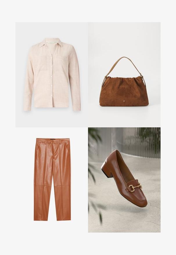 Camicia button-up beige chiaro con una vestibilità rilassata. Presenta due tasche frontali, un motivo a quadretti sottile e un colletto classico.; Pantaloni in finta pelle marroni con una vestibilità sartoriale, caratterizzati da pieghe frontali e gambe dritte. Texture liscia senza hardware o decorazioni visibili.; Mocassino in pelle verniciata marrone con punta quadrata, accentato da catena metallica e tacco basso; texture liscia, design minimalista.; Borsa in suede marrone con un design arricciato, dotata di una singola tracolla in pelle beige e di un sottile logo dorato dettagliato sulla parte anteriore.