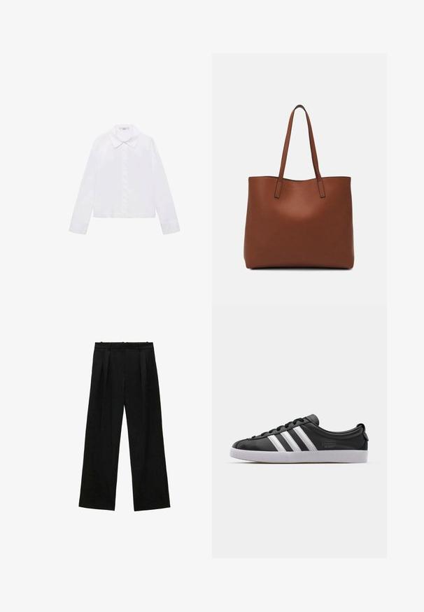 White long-sleeve shirt featuring a classic collar, central button placket, and smooth fabric with a slightly cropped hem.; Black wide-leg trousers with pleats, featuring a smooth texture and a high waist design. Minimalist style, no visible hardware or embellishments.; Black leather sneaker with white three-stripe design, rounded toe, flat white rubber sole, and branded detail on the side.; Brown leather tote bag with a smooth texture, open top design, and two shoulder straps. Features minimal stitching and no visible hardware.
