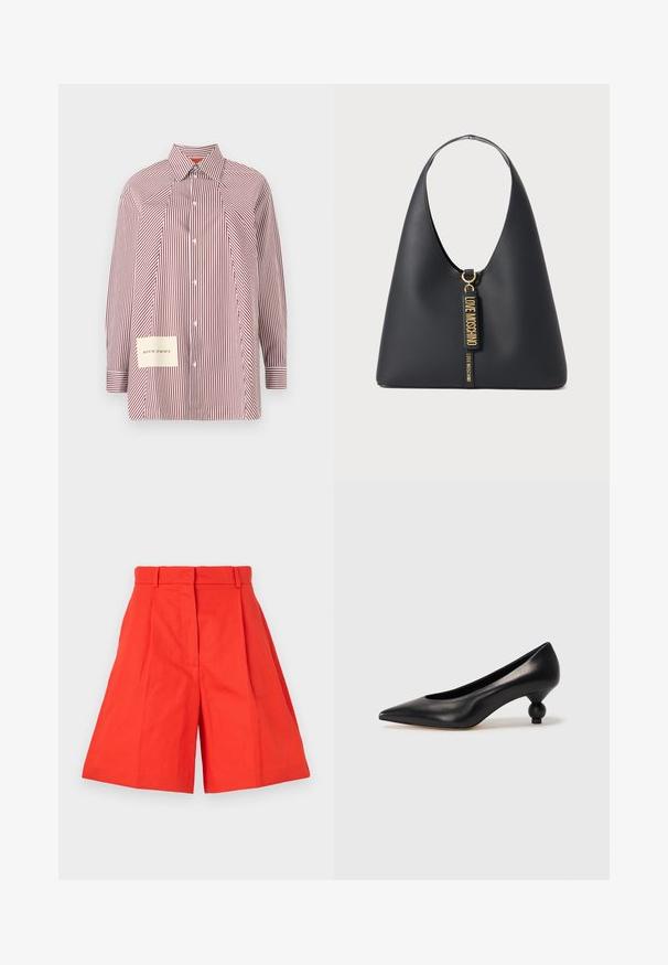 Striped button-up shirt in red and white with long sleeves, a collar, and a patch featuring coordinates on the lower left side.; Red cotton shorts with a high waist, featuring pleats and a wide-cut silhouette. Smooth texture and clean lines. No pockets or embellishments.; Black leather high heel shoe with a pointed toe and a round, balled heel. Smooth texture with a sleek, minimal design.; Black leather shoulder bag with a wide strap, gold hardware, and two hanging tags embossed with "LOVE MOSCHINO" in gold letters.