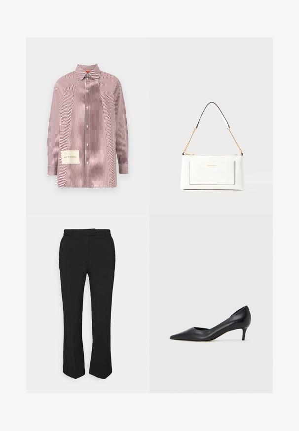 Camisa de botones a rayas en rojo y blanco, con mangas largas, un collar y un parche con coordenadas en la parte inferior izquierda.; Pantalones negros ajustados con un diseño de pierna recta, que cuentan con pasadores para cinturón y bolsillos laterales. Elaborados con una tela suave y un acabado limpio.; Zapato de tacón bajo de cuero negro con punta puntiaguda. Presenta una textura lisa y un brillo sutil. Corte abierto en la parte frontal para un detalle adicional.; Bolso de mano de cuero blanco con un acabado texturizado, que cuenta con una correa de cadena dorada y acentos negros. Incluye un bolsillo frontal y cierre de cremallera.