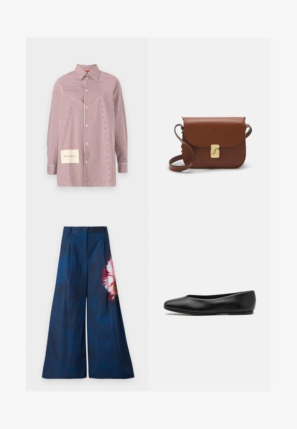 Camicia button-up a righe rossa e bianca con maniche lunghe, colletto e una toppa con le coordinate sul lato sinistro in basso.; Pantaloni a gamba larga in tessuto blu scuro, con una stampa floreale in rosa e giallo su un lato, dotati di chiusura con bottone in vita.; Paul Smith TOPANGA - Ballerine - black; Borsa a tracolla in pelle marrone con chiusura a pattina, hardware color oro, tracolla e una finitura liscia. Forma rettangolare compatta.