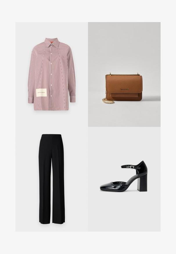 Rutet skjorte i rød og hvit med lange ermer, krage og et patch med koordinater på nederste venstre side.; Sorte vidde bukser med en glatt tekstur, med høy midje og sentrale folder. Ingen synlige mønstre eller maskinvaredetaljer.; Sorte lakk lær høye hæler med firkantet tå, ankelrem og chunky hæl. Inkluderer perforerte detaljer langs kanten.; Brun teksturert lær crossover-veske med gullkjede-stropp og klaffelukking. Fronten har logo-detalj og en lomme under klaffen.