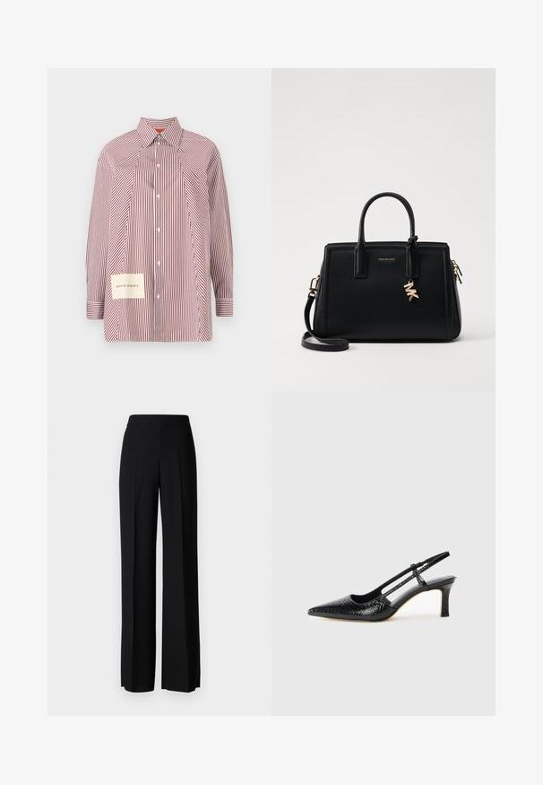 Ribak konto särk punase ja valge triibuga, pikki varrukatega, krae ja madalamal vasakul küljel koordinaate sisaldava plaastriga.; Mustad laiad püksid mustas värvitoonis, sujuva tekstuuri ja kõrge vöökoha ning keskmiste voldikutega. Ilma nähtavate mustrite või tarvikute detailideta.; Mustmust paelad, millel on terav varvas, tekstuuriga maduprindiga, reguleeritav rihm ja lühike tekstuuriga plokknina.; Musta nahast käekott struktureeritud disainiga, kahekordsete ülemiste käepidemetega, eemaldatav õlavööt, kuldne riistvara ja logotäht aktsent.