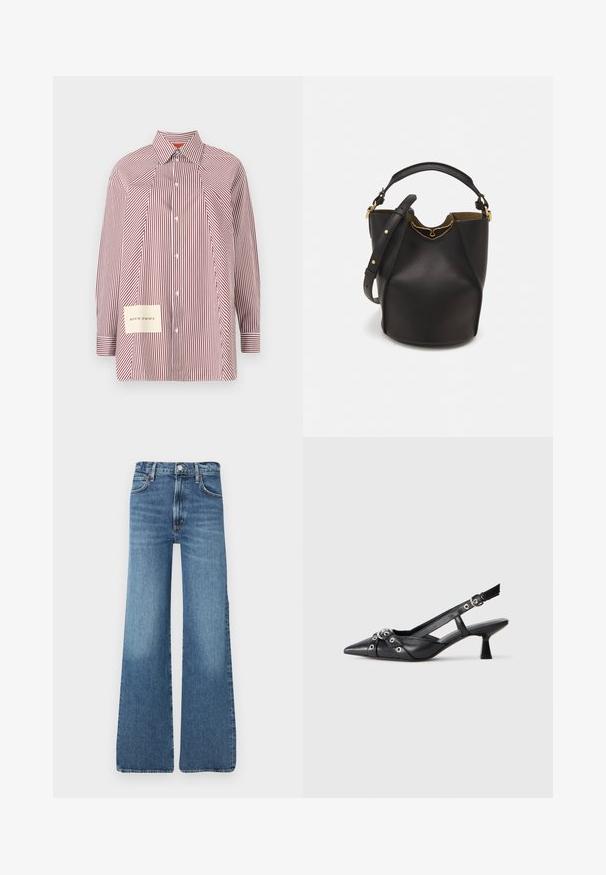 Camicia button-up a righe rossa e bianca con maniche lunghe, colletto e una toppa con le coordinate sul lato sinistro in basso.; Jeans in denim blu chiaro con taglio a gamba larga, dotati di vita alta, design standard a cinque tasche e leggera sbiaditura sulle ginocchia.; Scarpa slingback nera in pelle con punta affusolata, cinturini decorativi con occhielli metallici e tacco basso a blocco. Superficie testurizzata.; Borsa a secchiello in pelle nera con finitura testurizzata, dettagli in metallo dorato e apertura superiore. Presenta una maniglia corta e una tracolla regolabile.