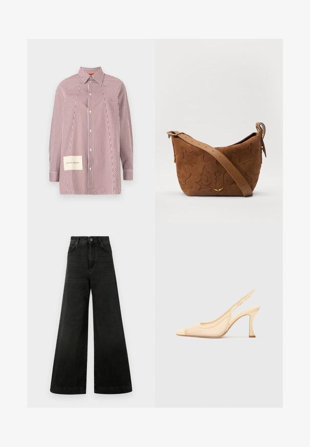 Camicia button-up a righe rossa e bianca con maniche lunghe, colletto e una toppa con le coordinate sul lato sinistro in basso.; Jeans a vita alta e gamba larga in denim nero scuro. Caratteristiche includono chiusura con bottoni, tasche frontali e una texture liscia con sbiaditure minime.; Scarpa con tacco alto slingback in rete beige chiaro con punta affusolata e tacco sottile e curvo, dotata di un accento minimalista a fibbia.; Borsa a spalla in suede marrone con design floreale impresso, completata da una morbida tracolla in pelle marrone e dettagli in metallo dorato.