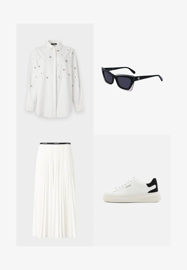 Fehér, hosszú ujjú ing, gallérral, virágmintás applikációkkal és díszítő flitterekkel. Simább anyag, testre szabott szabás.; Plisszírozott fehér szoknya fekete elasztikus derékkal, amelyen a "LACOSTE" logó található. Középhosszú kialakítás, puha tapintással.; Fehér bőr sportcipők vastag fehér talppal, fekete velúr sarokpikkelyel és dombornyomott logóval az oldalon. Fűzős kialakítás, hat fűzőlyukkal.; Fekete, nagyméretű napszemüveg geometrikus formával, sötét lencsékkel és kontrasztos szürke részlettel a kereten. Logó a szárán.