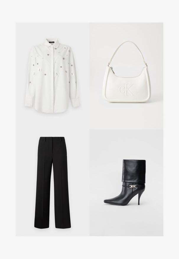 Valge pikkade varrukatega särk, millel on krae, kaunistatud lillede aplikeeringute ja dekoratiivsete sädelustega. Sile kangas, millel on keha järgi kohandatud lõige.; Mustad lai püksid, mis on valmistatud siledast kangast, reguleeritud lõikega, vöödega ja ilma nähtavate mustrite või kaunistusteta.; Mustad nahast pahkluu saapad terava nina, kõrge stilettokanna, volditud äärega ja kuldse dekoratiivse pandlaga pahkluul.; Valge nahast käekott, millel on kumer kuju, esiküljel on reljeefne "CK" logo ja üks õlavarre rihm. Ülemine tõmblukkuu.