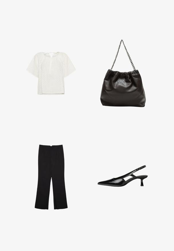 Blusa bianca con maniche corte, motivo a griglia testurizzato e apertura a chiave sul retro con chiusura a nastro. Realizzata in tessuto leggero.; Pantaloni neri a gamba dritta, con tasche frontali e spacchi laterali all'orlo. Realizzati in tessuto morbido e liscio. Adatti a diverse occasioni.; Tacchi slingback in pelle verniciata nera con punta affusolata, design con tagli laterali e tacco quadrato piccolo. Texture liscia con dettagli minimi.; Borsa in pelle marrone con parte superiore arricciata e tracolla a catena. Texture liscia con finitura lucida e dettagli di cucitura sottili sui lati.