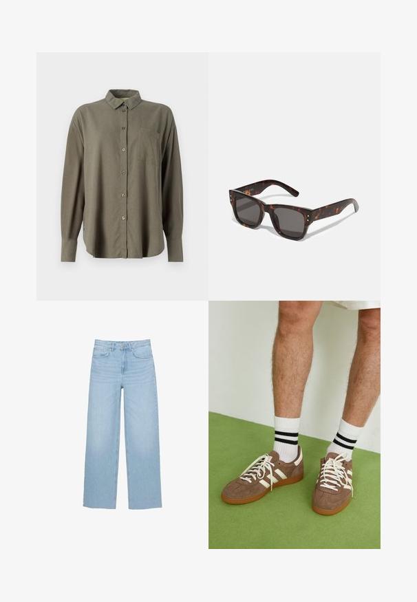 Camicia a maniche lunghe verde oliva realizzata in morbido tessuto. Presenta una chiusura con bottoni sul davanti, colletto e una tasca sul petto. Design a taglio dritto.; Jeans a gamba larga di un bel blu chiaro, realizzati in denim, con vita alta, taglio dritto e design a cinque tasche con orlo pulito.; Sneaker in suede marrone con dettagli e lacci bianchi. Suola in gomma color gomma. Indossati con calzini bianchi con righe nere. Pavimento verde texturizzato.; Occhiali da sole tartaruga con lenti scure, montatura quadrata e borchie argentate nell'anteriore. Realizzati in plastica, leggeri e resistenti.; Zign LEATHER - Shopping bag - light brown