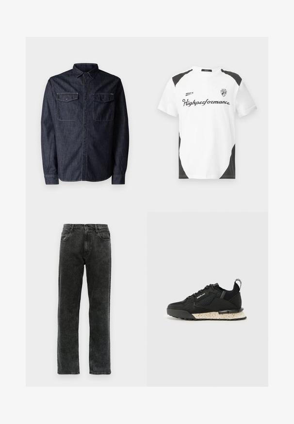 Replay Camicia - dark blue; T-shirt bianca a maniche corte con dettagli neri. Presenta il logo "REPLAY FC" e il testo "Highperformance" in un font sportivo. Realizzata in un materiale liscio.; Jeans in denim nero con un taglio dritto, dotati di cinque tasche, chiusura a bottone e leggere sfumature lungo il tessuto.; Replay FIELD MELT 25 - Sneakers basse - black