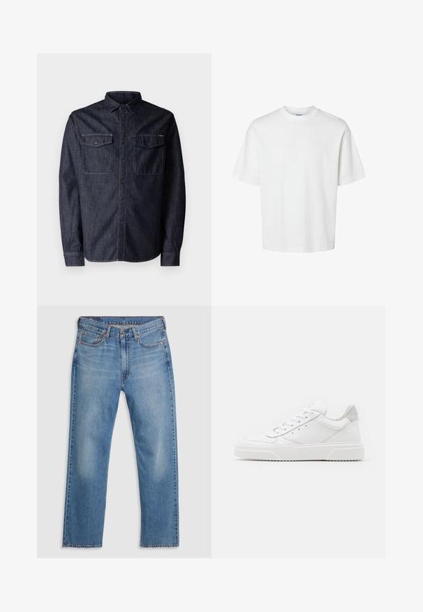 Replay Overhemd - dark blue; Witte katoenen t-shirt met korte mouwen, ronde hals en een relaxed fit. Gladde textuur zonder zichtbare patronen of accenten.; Blauwe straight-leg denim jeans met een sluiting van knoop en rits aan de voorkant, riemlussen en een vijf-pocketontwerp op een witte achtergrond.; Witte leren sneakers met een gladde afwerking, ronde neus, platte veters en een gestructureerde zool. Grijze suède accent bij de hiel.