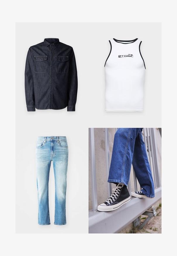 Replay Vapaa-ajan kauluspaita - dark blue; Valkoinen hihaton toppi, jossa on musta reuna, sileä pinta ja tulostettu "ATOMIC" -logo keskellä rintaa.; Vaaleansiniset farkut suoran lahkeen muotoilulla, joissa on haalistunut pesu, viisi taskua sekä tavallinen nappi- ja vetoketjukiinnitys.; Mustat high-top tennarit valkoisella pohjalla ja nauhoilla, yhdistettynä väljään sinisiin farkkuihin, lepäävät harmaalla kaiteella.
