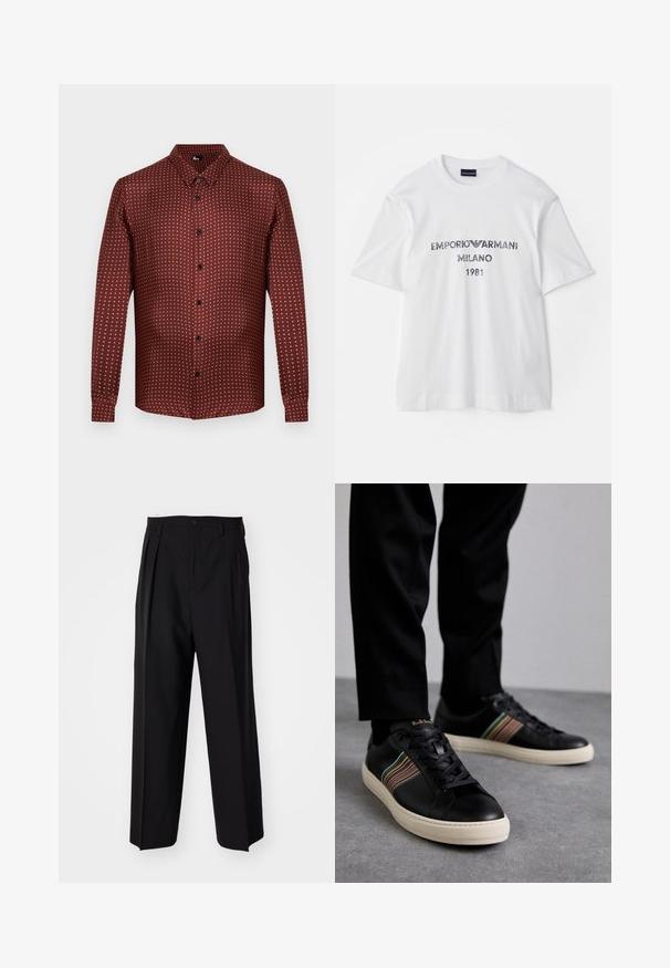 Bordó gombos ing textúrált anyagból, krémszínű pöttyös mintával. Hosszú ujjak és hagyományos gallér kialakítás.; Fehér pamut póló rövid ujjakkal, sötétszürke betűtípussal "EMPORIO ARMANI MILANO 1981" felirattal és logóval. Klasszikus környakú dizájn.; Fekete, pliszírozott nadrág, egyenes, széles lábakkal. Sima anyagból készült, gombos záródással és övhurkokkal rendelkezik.; Fekete bőr sportcipők színes csíkozással, kerek orral és fehér gumitalppal, fűzős kialakítással és dombornyomott logóval.