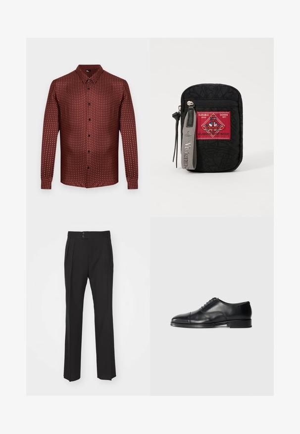 Tamsiai raudonas marškinėliai su tekstūruota medžiaga, turintis balti taškeliai. Ilgos rankovės ir tradicinis apykaklės dizainas.; Juodi pritaikyti kelnių, turinčių tiesų kojų dizainą, dvi priekinės kišenės ir dvigubą mygtuko užsegimą liemenyje. Lygus audinio paviršius.; Juodos odinės suknios bateliai su apvaliu pirštu, lygia tekstūra, raištelių dizainu ir subtilia siūlų detale, turintys žemą, plokščią kulną.; Juodas maišelis su tekstūruota medžiaga, su raudona emblema su logotipu, užtrauktuku uždarymas ir pilka juosta su įspauduoto prekės ženklo pavadinimu.