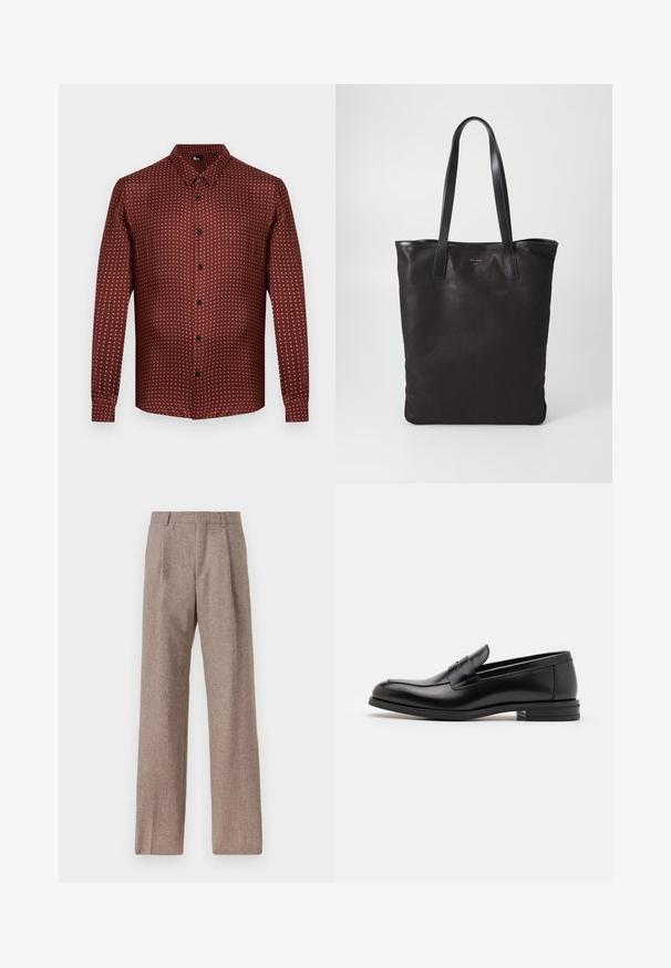Camisa de botão bordeaux com um tecido texturizado, apresentando um padrão de bolinhas em creme. Mangas longas e um design de colarinho tradicional.; Calças castanhas de cintura alta feitas de tecido texturado. Apresentam pernas largas e duas pregas frontais para estrutura. Acabamento cuidadoso sem hardware visível.; Mocassins de couro preto com uma textura suave, bico arredondado e uma faixa decorativa sobre o peito do pé. Salto baixo e empilhado, design minimalista.; Saco de lona preto com alças de couro pretas. Design simples, corpo espaçoso e textura suave. Sem logótipos ou padrões visíveis.
