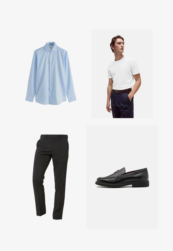 Světle modrá košile s dlouhým rukávem a zapínáním na knoflíky, vyrobená z hladké látky, s špicatým límcem a sedmi předními knoflíky, s volným střihem a manžetami.; Bílý bavlněný tričko s kulatým výstřihem nošené s námořnickými plisovanými kalhotami a hnědým koženým páskem se zlatou sponou.; Next Trousers - Suit Trousers   Slim Fit - Oblekové kalhoty - mottled black; Černé syntetické mokasíny s výrazně prošívanou špicí, měkkou stélkou a plochou gumovou podrážkou; elegantní design s minimálním zdobením.
