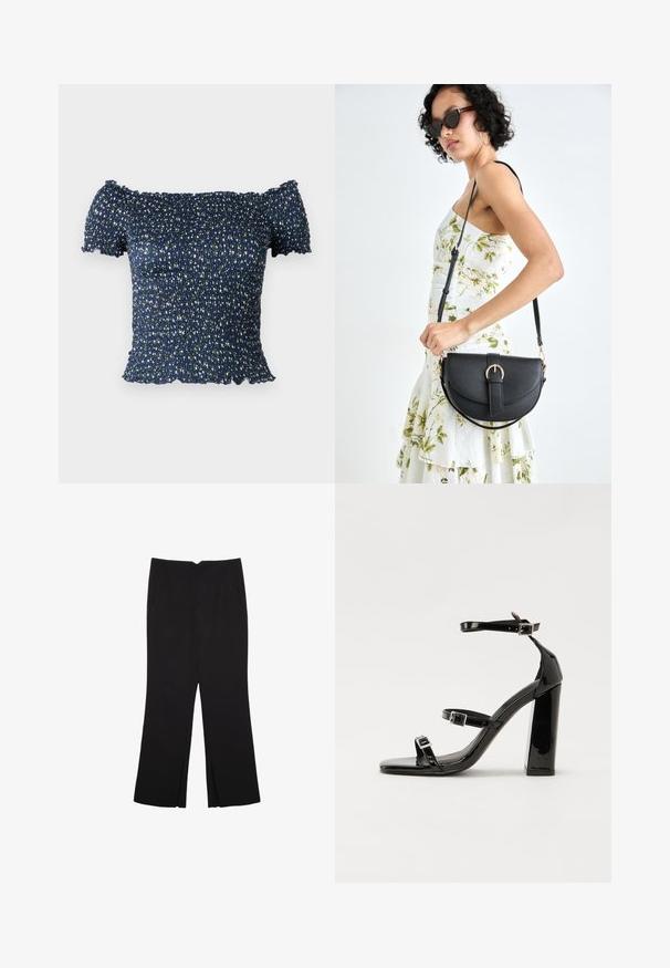 Temno modra bluzica brez naramnic, izdelana iz smockane tkanine, s cvetličnim vzorcem, ki vključuje majhne bele in zelene rože. Mehak material, kratki rokavi.; Črne hlače ravnega kroja z naglavnimi žepi in stranskimi razporki na robu. Narejene iz mehke, gladke tkanine. Primerne za različne priložnosti.; Črne lakirane sandale s peto, kvadratnim prstom, trakovi okrog gležnja in srebrnimi zaponkami. Opremljene so s stabilno Debelo peto.; Črna usnjena torbica s ukrivljeno obliko, z odstranljivo naramnico in zlatimi dodatki. Torbica ima pokrov s podrobnostmi v obliki zaponke.