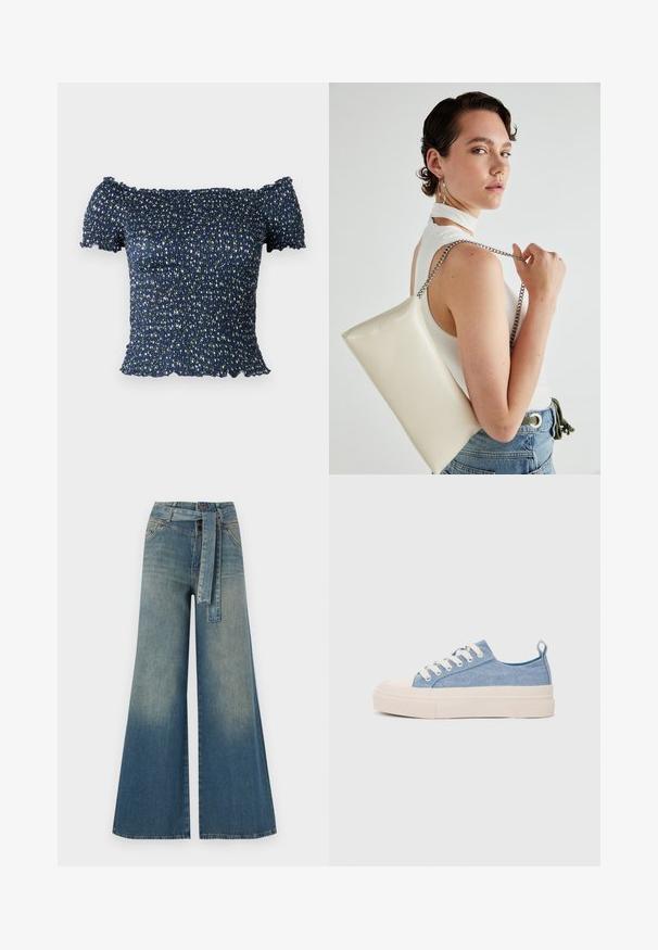 Tamsiai mėlynas, ant pečių nenugara užsidedantis viršus, pagamintas iš raukšlėtos medžiagos, puoštas gėlių raštu su mažomis baltomis ir žalios spalvos gėlėmis. Minkšta tekstūra, trumpomis rankovėmis.; Platus džinsinis kelnes su šviesiai tamsiai mėlynu gradientu, aukštu juosmeniu, diržo kilpomis ir atitinkančiu audinio diržu. Textūruotas džinsinis paviršius.; Šviesiai mėlyni drobės sportbačiai su kreminiu guminiu pirštų apsaugos ir pado elementu, balti raišteliai ir kilpa ant kulno.; Balta, stačiakampio formos rankinė pagaminta iš blizgaus medžiagos, su sidabriniu virvute. Modelis pozavo, demonstruodamas rankinę prieš paprastą foną.