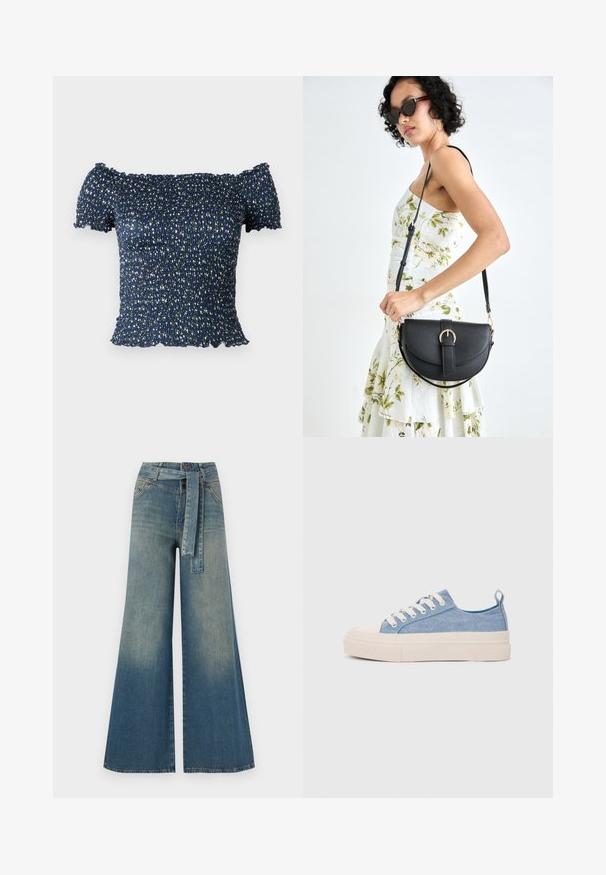 Tamsiai mėlynas, ant pečių nenugara užsidedantis viršus, pagamintas iš raukšlėtos medžiagos, puoštas gėlių raštu su mažomis baltomis ir žalios spalvos gėlėmis. Minkšta tekstūra, trumpomis rankovėmis.; Platus džinsinis kelnes su šviesiai tamsiai mėlynu gradientu, aukštu juosmeniu, diržo kilpomis ir atitinkančiu audinio diržu. Textūruotas džinsinis paviršius.; Šviesiai mėlyni drobės sportbačiai su kreminiu guminiu pirštų apsaugos ir pado elementu, balti raišteliai ir kilpa ant kulno.; Juodas odinis krepšys su išlenkta forma, nuimamu dirželiu ir auksiniais detalėmis. Krepšys turi kilpą su sagtimi.