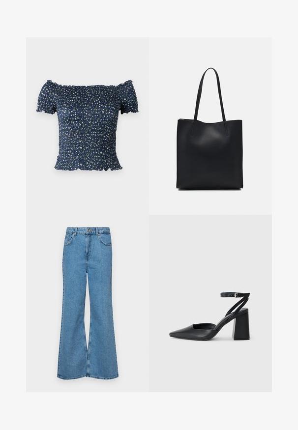 Blusa azul marinho sem alças feita de tecido franzido, com um padrão floral de pequenas flores brancas e verdes. Textura suave, mangas curtas.; Jeans de brim azuis claros, com corte à boca de sino, apresentando uma cintura alta, cinco bolsos e um fecho de botão único. Textura macia com acabamento desbotado.; Sandal com biqueira afilada em couro preto, com cinta no tornozelo e salto grosso. Textura lisa, design elegante e estética minimalista.; Bolsa tote preta em couro com textura lisa, forma retangular e duas alças longas. Sem hardware ou enfeites visíveis.