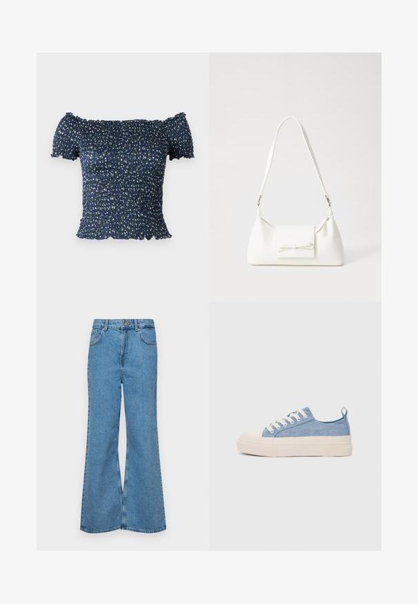 Tumedest sinine õlavartelt avatud topp, mis on valmistatud smockkangast, millel on lillemuster väikeste valgete ja roheliste lilledega. Pehme tekstuur, lühikesed varrukad.; Heledad sinine flared teksade rõivad, millel on kõrge talje, viis taskut ja üks nupulukk. Pehme tekstuur ja pleekinud viimistlus.; Heledad sinised kangast tennisekingad koorevärvi kummist varbakatte ja taldaga, millel on valged paelad ja tõmblukk kandadel.; Valge sünteetilisest materjalist kott kolmnurkse kujuga, lame esiklapiga ja kaaredetailiga, reguleeritava rihmaga, sileda tekstuuriga ja minimalistliku disainiga.