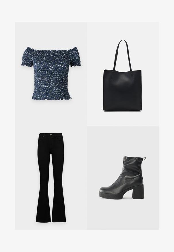 Blusa azul marinho sem alças feita de tecido franzido, com um padrão floral de pequenas flores brancas e verdes. Textura suave, mangas curtas.; Jeans pretos de cintura alta com fecho de botão e zíper, bolsos frontais e pernas largas dispostos em cima de um fundo branco.; Botas de tornozelo pretas feitas de couro liso, com fecho lateral, salto grosso texturizado e design de bico arredondado.; Bolsa tote preta em couro com textura lisa, forma retangular e duas alças longas. Sem hardware ou enfeites visíveis.