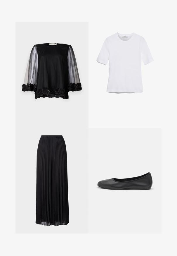 Schwarze Bluse mit transparenten Mesh-Ärmeln und floralem Spitzeabschluss am Saum. Weicher Stoff mit lockerer Passform und rundem Ausschnitt.; Weißes kurzärmliges T-Shirt aus geripptem Stoff. Runder Halsausschnitt, normale Passform und dezente Nähte. Keine Muster oder Grafiken.; Schwarze, plissierte, weit geschnittene Hosen mit elastischem Bund. Hergestellt aus leichtem Stoff, mit vertikalen Falten durchgehend.; Schwarze Leder-Ballettschuhe mit abgerundeter Spitze, glatter Textur, minimalen Nähdetails und einem flexiblen Sohlen-Design.
