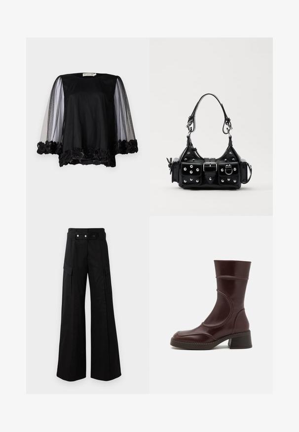 Blusa nera con maniche in rete trasparente e bordo in pizzo floreale. Tessuto morbido con vestibilità ampia e scollo rotondo.; Pantaloni neri a gamba larga con vita alta, dotati di ampie tasche laterali, due bottoni frontali e un dettaglio a anello. Realizzati in un tessuto resistente.; MIISTA MALENE - Stivaletti - brown; Borsa a mano in pelle nera con design curvo, caratterizzata da borchie argentate, una fibbia e due tasche laterali. Tracolla regolabile per diverse opzioni di trasporto.